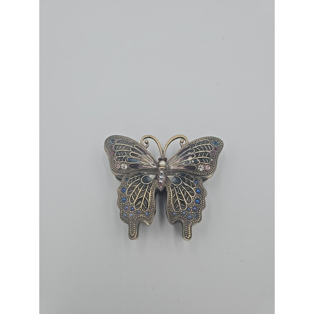 Vintage Green Enamel Metal Rhinestone Butterfly Trinket Box Antique